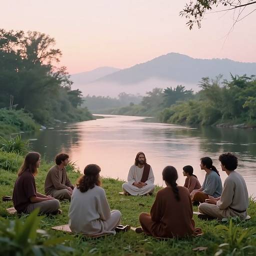 Jesus Teaching at Tranquil Riverbank Dawn