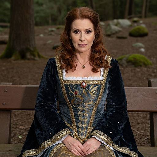 Photograph of a woman with wavy brown hair, wearing a medieval-style blue velvet gown with gold trim, sitting on a wooden bench in a forest