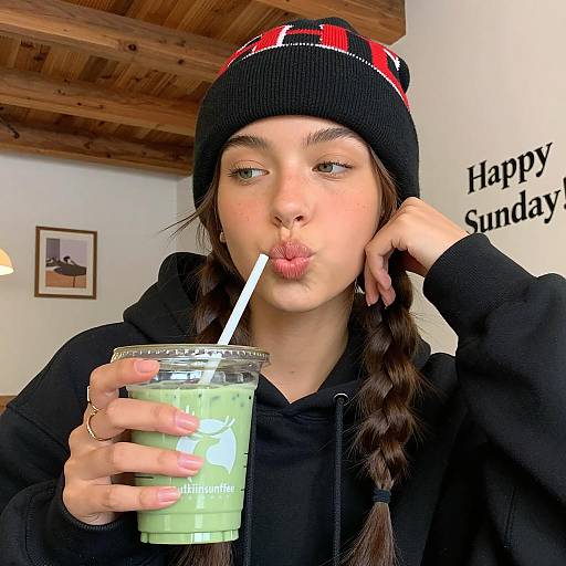 Young Woman Enjoying Iced Matcha Latte Indoors