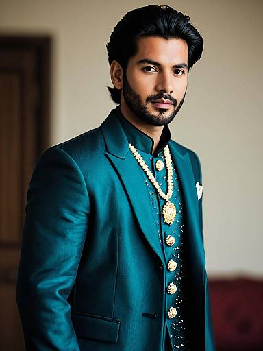 Man in Teal Sherwani with Gold Jewelry
