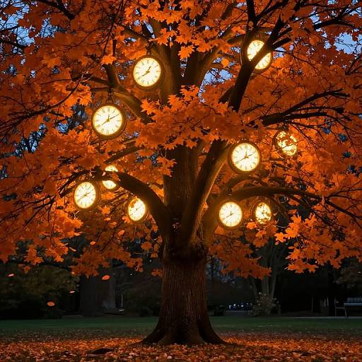 Photograph of a large tree with bright orange autumn leaves, illuminated by nine glowing spherical lights, set against a dark evening background.