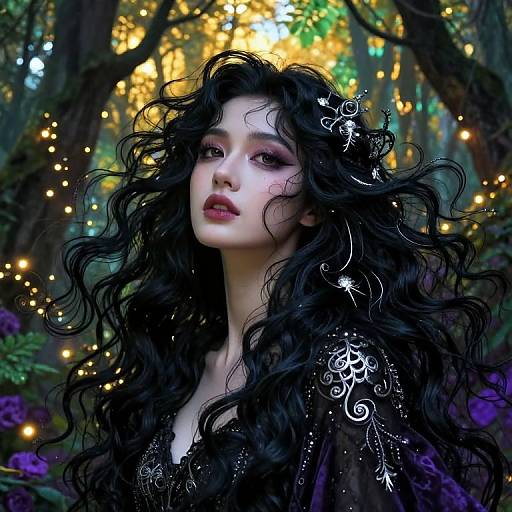 Digital fantasy portrait of a pale, ethereal woman with wild, curly black hair adorned with white, glowing symbols, set against a lush, magical forest
