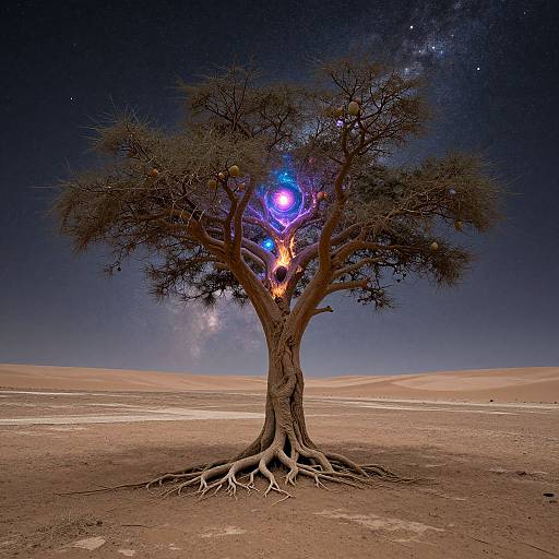 Photograph of a surreal desert tree with glowing blue and purple orbs, deep roots, and starry night sky backdrop.