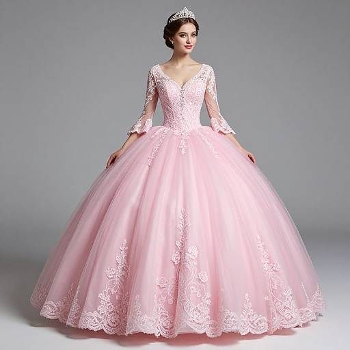 Photograph of a young woman in a pink, lace-embellished, full-length ball gown with a deep V-neck, three-quarter sleeves,