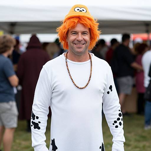 Photograph of a smiling middle-aged man in an orange cow hat, white cow-print shirt, and bead necklace at an outdoor event.