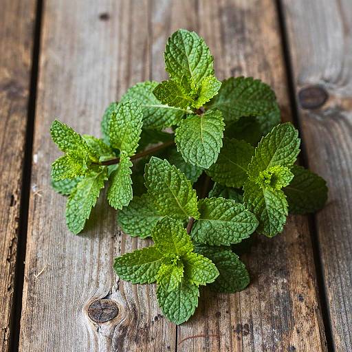 Fresh, vibrant green mint leaves with textured surfaces, lying on rustic, weathered wooden planks, showcasing natural beauty and contrast.