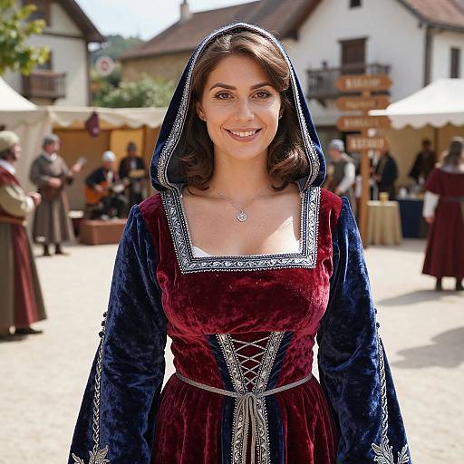 Photograph of a smiling brunette woman in medieval attire, wearing a deep red velvet dress with blue sleeves and silver lace, standing in a sunlit,