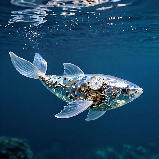 Photograph of a transparent fish with metallic gears and spherical components, adorned with glass fins, swimming in deep blue underwater.