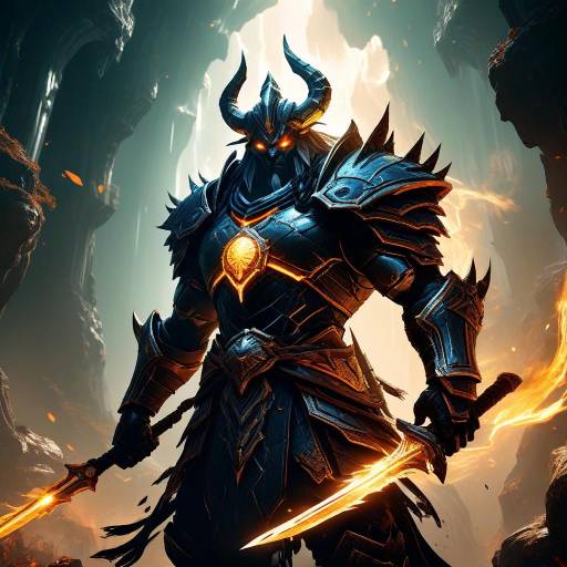 Dark Warrior in Glowing Armor with Flaming Sword