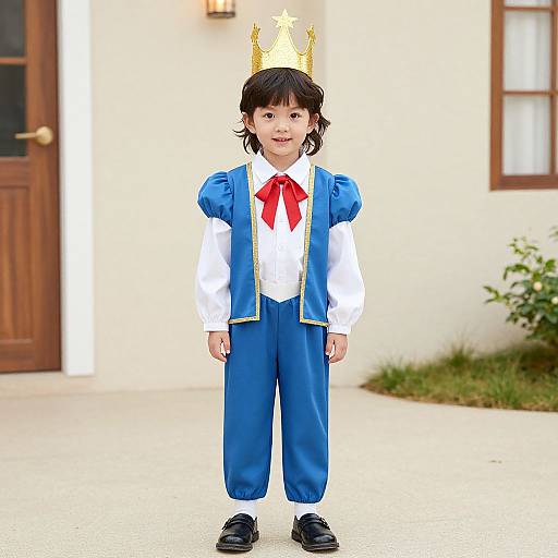 Photograph of a young Asian boy in a royal costume with a gold crown, blue vest, white shirt, red bowtie, blue pants, and