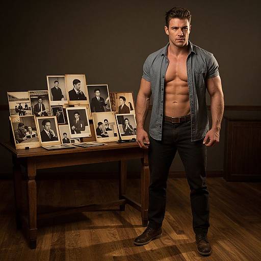 Muscular man with short dark hair, open blue shirt revealing abs, stands in dimly lit room with vintage black-and-white photos on wooden table.