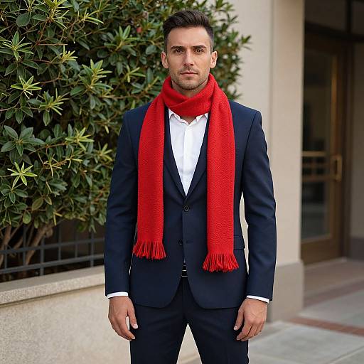 Photograph of a handsome man with short dark hair, wearing a navy suit, white shirt, and bright red scarf, standing in front of a green