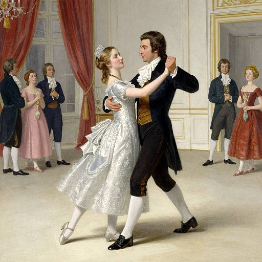 Photograph-style digital painting of a 18th-century ballroom dance: a man in black suit and white shirt, a woman in silver dress,