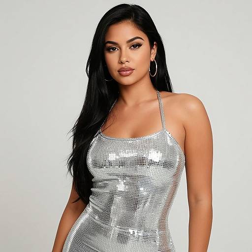Photograph of a beautiful woman with long black hair, wearing a sparkling silver sequin tank dress, standing against a plain white background.