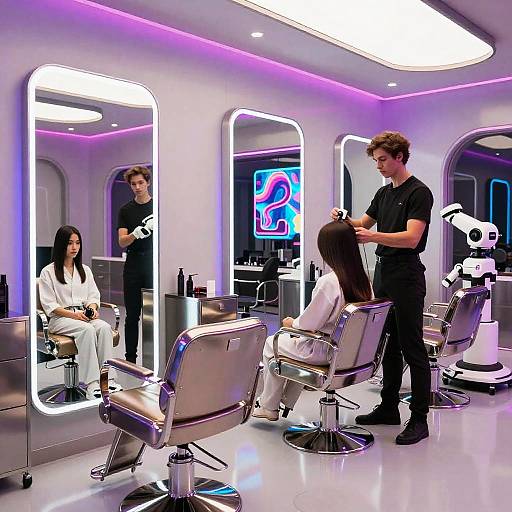 Modern hair salon with neon lighting: woman in white robe seated in chrome chair, stylist in black shirt cutting hair, mirror reflections, futuristic white robot dryer