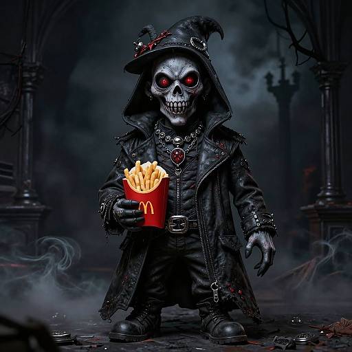 Digital art of a skeletal Grim Reaper figure in a tattered black robe, holding a red McDonald's fries cup, with eerie red eyes and a sinister