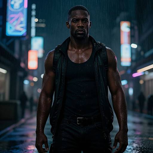 Muscular black man in a black tank top and sleeveless vest, standing in a rain-soaked, neon-lit city street at night. Phot