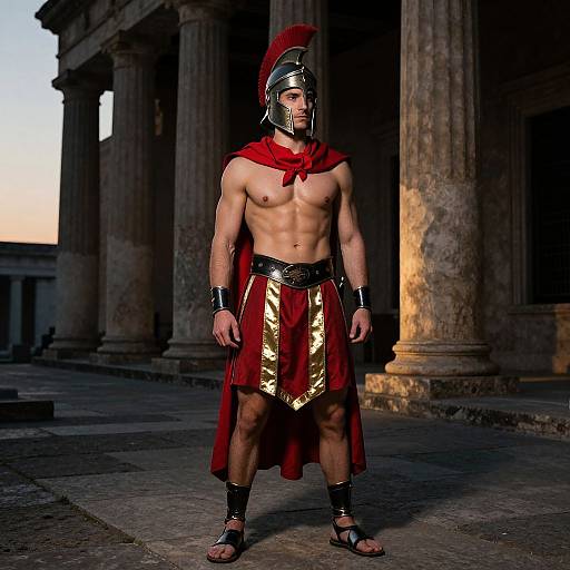 Photograph of a muscular, shirtless man in ancient Roman warrior armor, including red cape, gold and red skirt, and helmet, standing in front