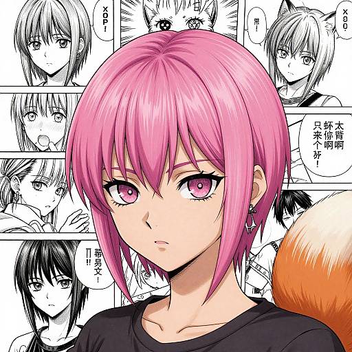 Digital anime-style portrait of a pink-haired girl with pink eyes, black shirt, and fox tail, surrounded by black-and-white manga-style panels.
