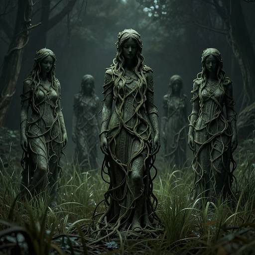Surreal Cloaked Statues in Overgrown Grass