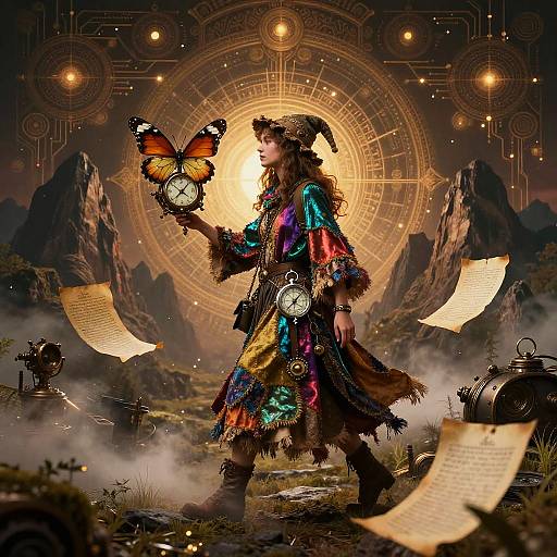 Magical wizard in colorful, tattered attire holds a glowing, orange butterfly with intricate clockwork details. Mystical mountains and ethereal orbs in the