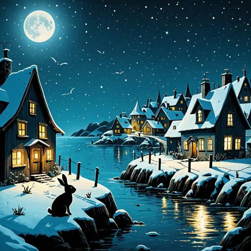 Surreal Rabbit in Dreamy Snowy Village
