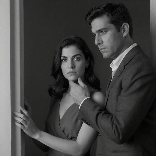 Monochromatic photograph of a serious couple; man in suit, woman in dress, standing side-by-side, man's hand on her neck, intense