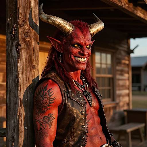 Photograph of a muscular, red-skinned demon with large golden horns, black tattoo on arm, grinning, wearing leather vest, standing in front