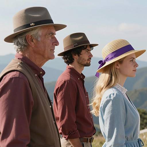 Outdoor Group with Hats and Mountains