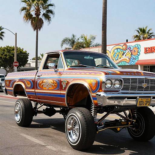 Photograph of a brightly colored, heavily customized lifted vintage pickup truck with large tires, vivid orange and blue stripes, and chrome accents driving on a sunny