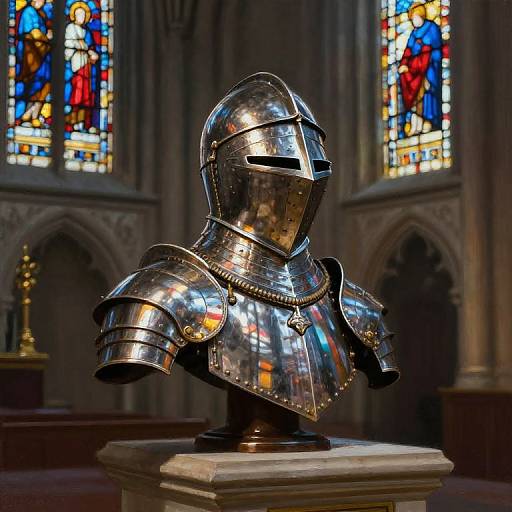 Photograph of a reflective medieval knight's armor bust on a pedestal, in a dimly lit church with vibrant stained glass windows.