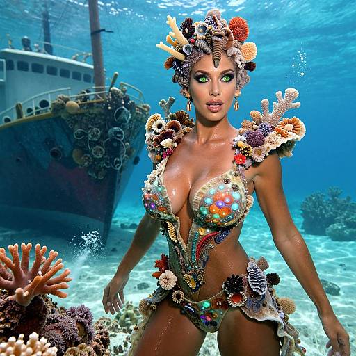 Digital art of a topless, dark-skinned mermaid with green eyes, adorned with colorful coral and seashells, underwater with a sunken