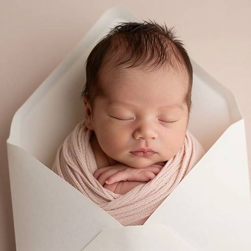 Photograph of a sleeping newborn with closed eyes, wrapped in a soft pink blanket, nestled in a white cardboard box.