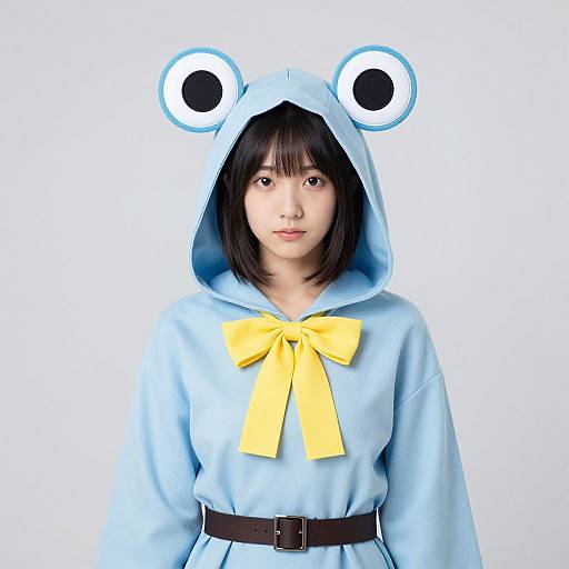 Young Asian woman wearing a light blue hooded onesie with bear ears, yellow bow, and black belt, against a plain white background. Photographic