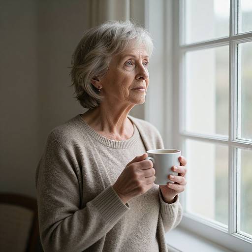 Photograph of an elderly woman with short gray hair, wearing a beige sweater, holding a white mug, gazing out a sunlit window.
