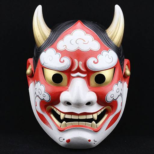 Photograph of a vibrant red and white Japanese demon mask with yellow horns, black hair, and fierce expression against a black background.