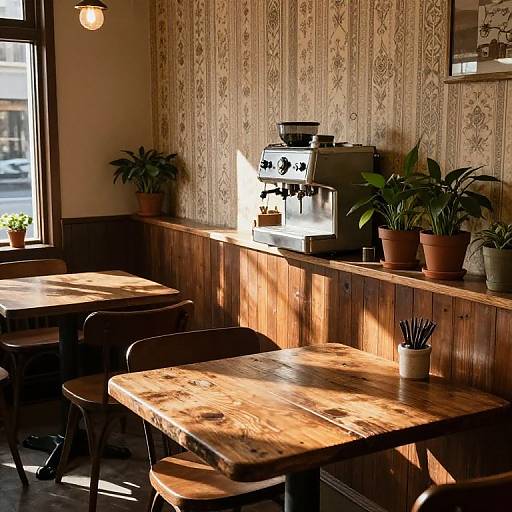Photograph of a cozy, sunlit café with wooden tables and chairs, patterned wallpaper, potted plants, a vintage coffee machine, and warm