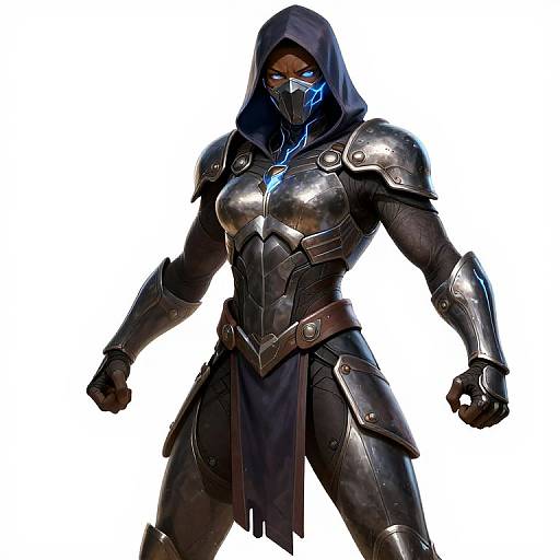 Digital artwork of a muscular, dark-skinned male warrior in black, silver-embellished armor with a blue glowing eye and hooded mask,