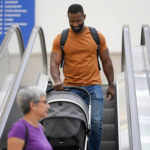 Smiling Man Descending Escalator with Stroller