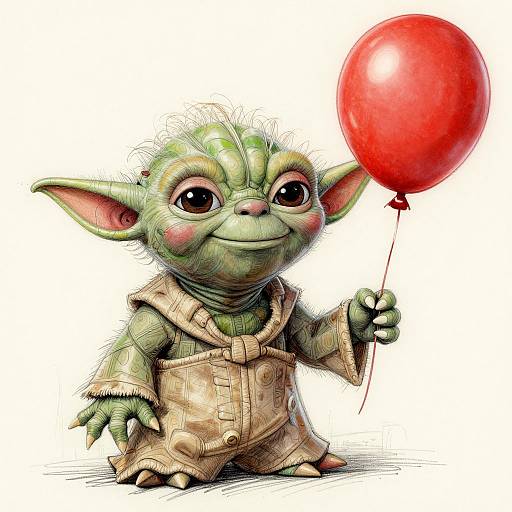 Digital illustration of a cute, green, small goblin-like creature with large eyes and big ears, wearing beige overalls, holding a red balloon.