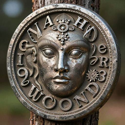Photograph of a silver, circular Zodiac charm with an embossed, serene female face and zodiac symbols, attached to a wooden post.
