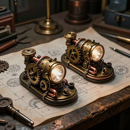 Photograph of two brass, gear-driven, candle-lit lamps on blueprints atop a rustic wooden table, surrounded by tools and a lamp.