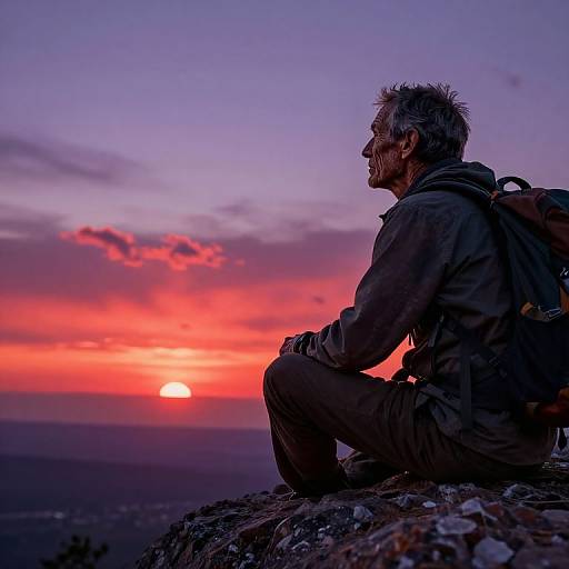 Photograph of a gray-haired, rugged man with a backpack, sitting on a rocky cliff at sunset, gazing at a vibrant, purple-pink