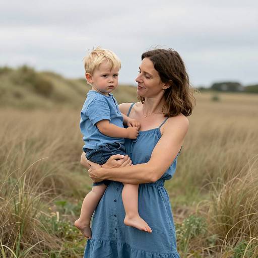 Woman and Boy in Blue Outfits Outdoors