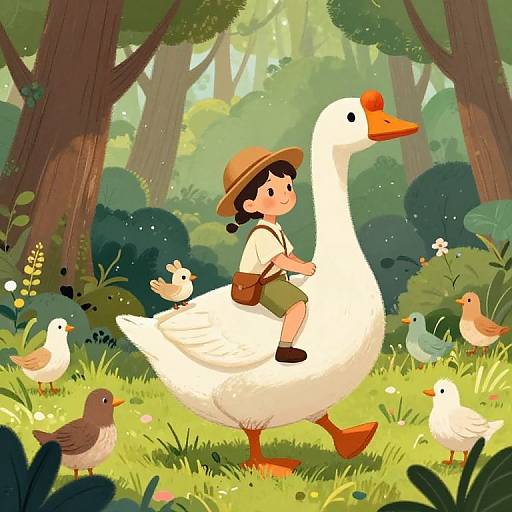 Cartoon illustration: A boy in a hat and shorts rides a white duck through a sunlit forest, surrounded by happy birds.