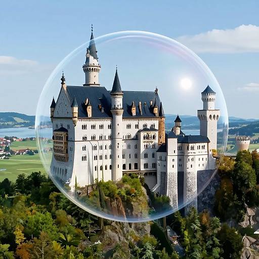 Photograph of a grand, white castle with black roofs, surrounded by lush greenery and a clear blue sky, framed by a transparent bubble.