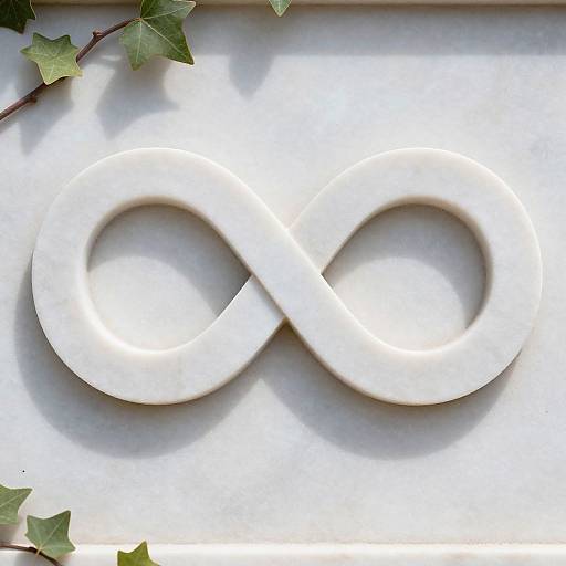 Photograph of a white, marble infinity symbol on a light gray background with green ivy leaves on the top left and bottom right corners.