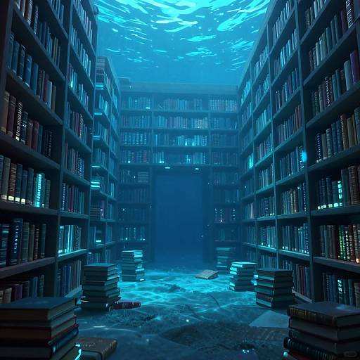 Photorealistic digital image: A dimly lit, blue-hued library with towering bookshelves, stacks of books on the floor, and glowing