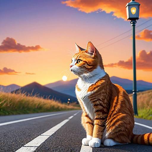 Serene Sunset Cat in Mountain Landscape