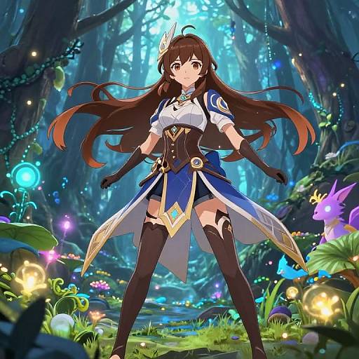 Anime-style digital illustration of a beautiful, long-haired girl in a blue and white fantasy outfit, standing confidently in a vibrant, magical forest with glowing lights